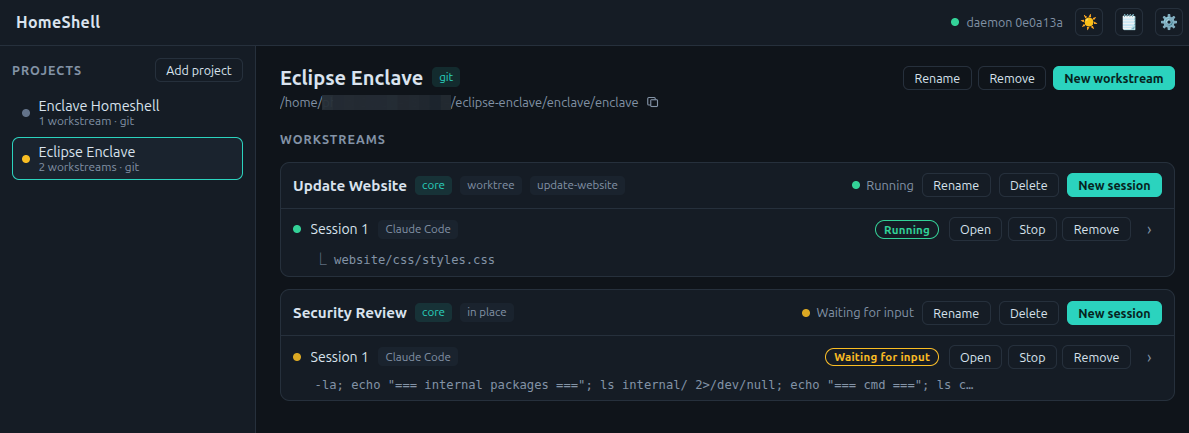 HomeShell: a graphical dashboard listing Enclave projects, workstreams, and running agent sessions